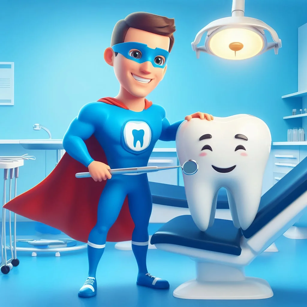 Dentista super herói a salvar um dente animado em apuros